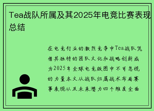 Tea战队所属及其2025年电竞比赛表现总结